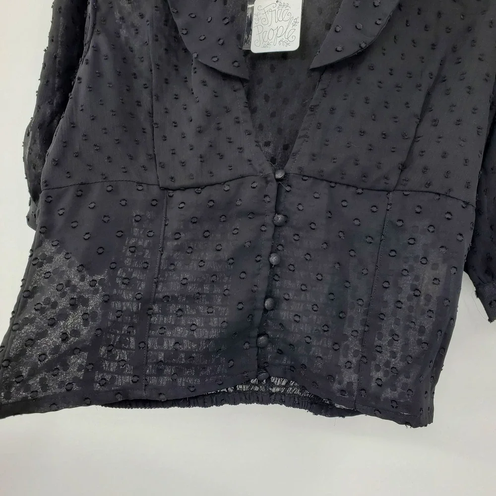 Free People Black Sheer Clip Dot Button Front Smocked Back Blouse Med Coquette